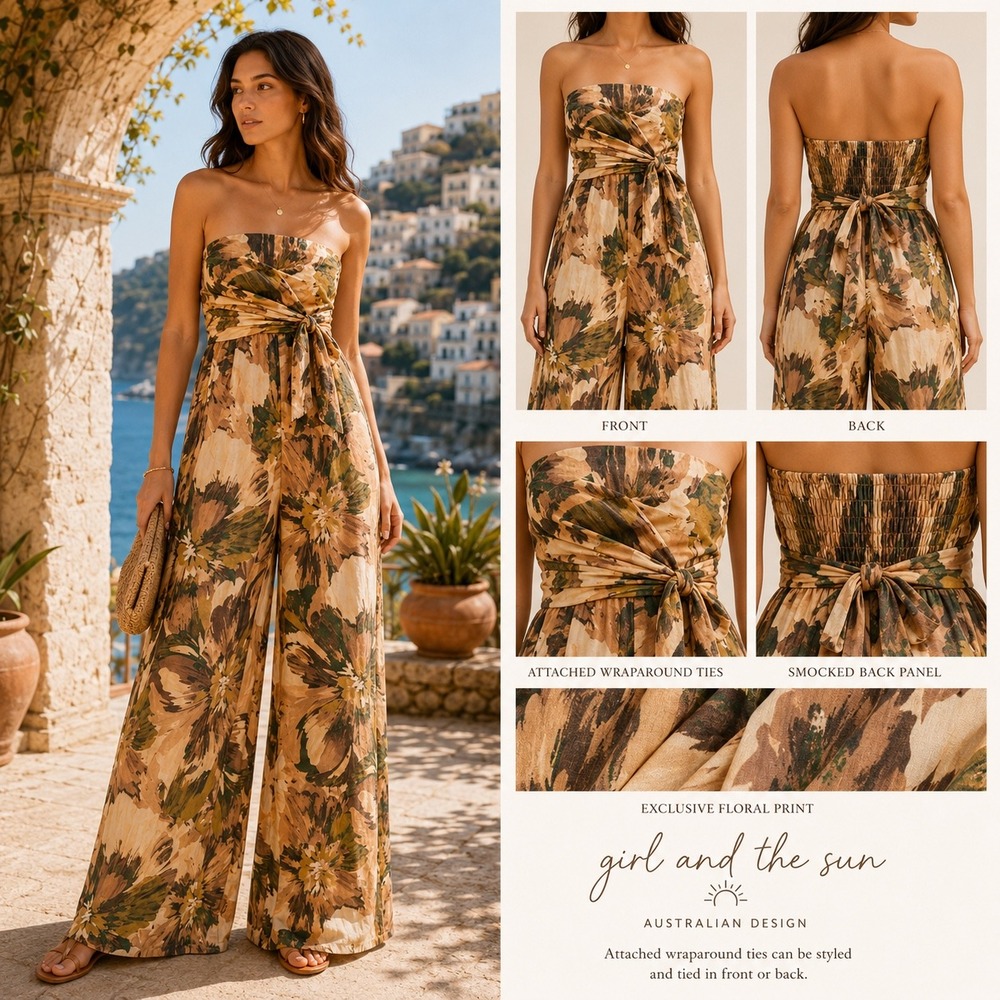 Girl & The Sun Strapless Floral Jumpsuit M Wide Leg Palazzo 100% Cotton Resort